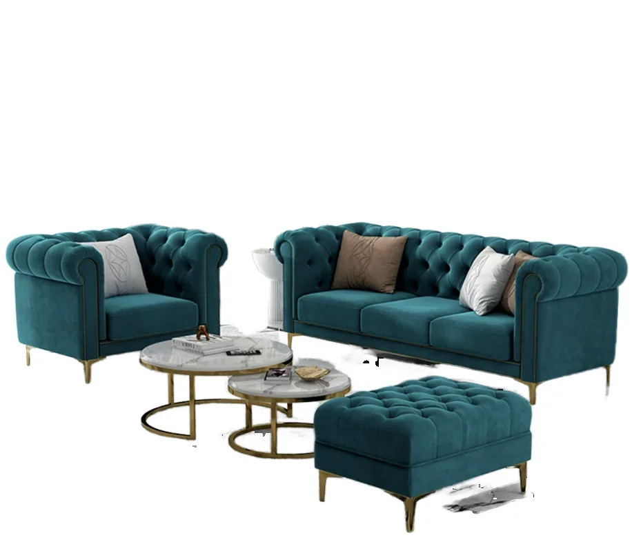 

New Arrival Modern European Design Velvet Tufted Sectional Sofa Set Modular Chesterfield Living Room Furniture Wood Frame Single