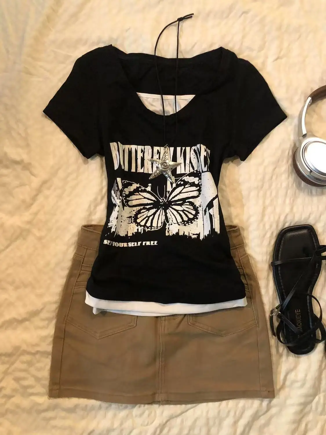 Camiseta gótica con estampado de letras negras para mujer, ropa Vintage de los años 90, Top corto Y2k, ropa de calle, camisetas de subcultura Punk