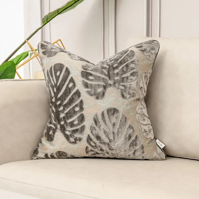 Luxury Flowers Leaves Pattern Cut Velvet Cushion Cover Home Decor Grey Throw Pillow Case Pillowcase for Couch Bedroom