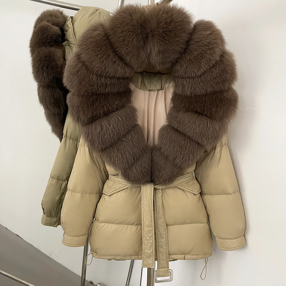 Giacca in pelliccia di volpe Donna Piumino invernale Collo in pelliccia grande con cappuccio 2025 Vera pelliccia Spessore caldo piumino d'anatra Cappotto femminile Parka Outwear