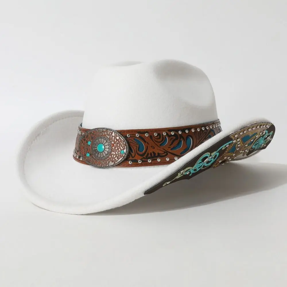 Turquoise Decor Western Cowboy Hat Embossed Band Vintage Cowgirl Hat American Style Retro Wide Brim Sun Hat For Women Man