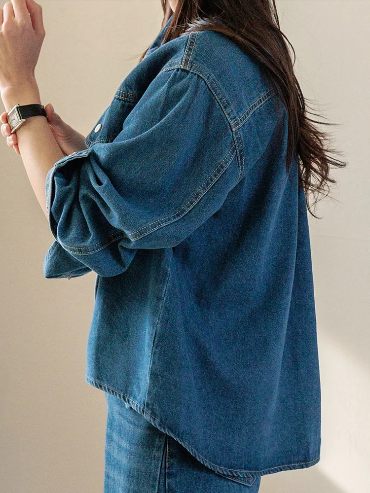 

Retro Waed Long Sve Collar Denim Jaet Women's Loose Fit Slimming Casual Outerwear Single Piece Cotton Blend