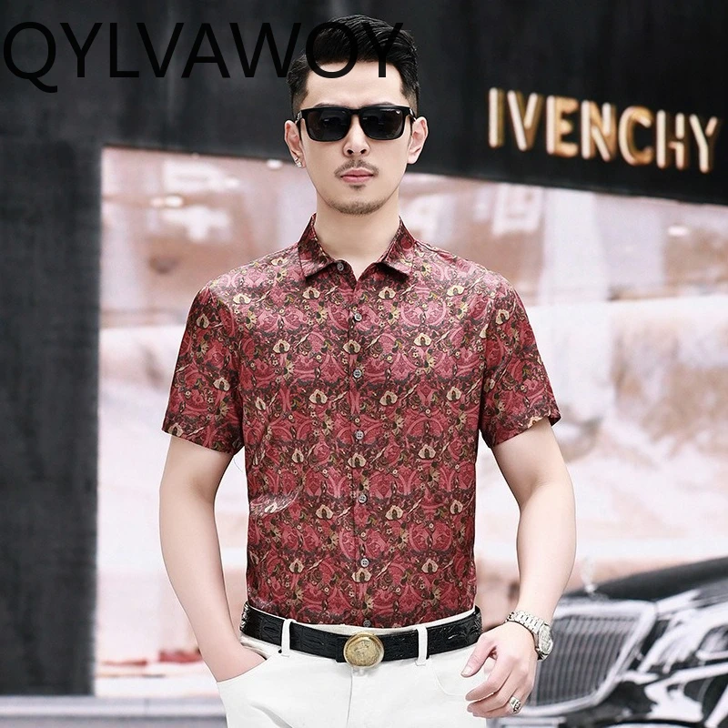 QYLVAWOY 92.5% Natural Mulberry Silk Men's Shirts Printed Man Shirts New Summer Tops Thin Short Sleeve Menswear Clothing Casual