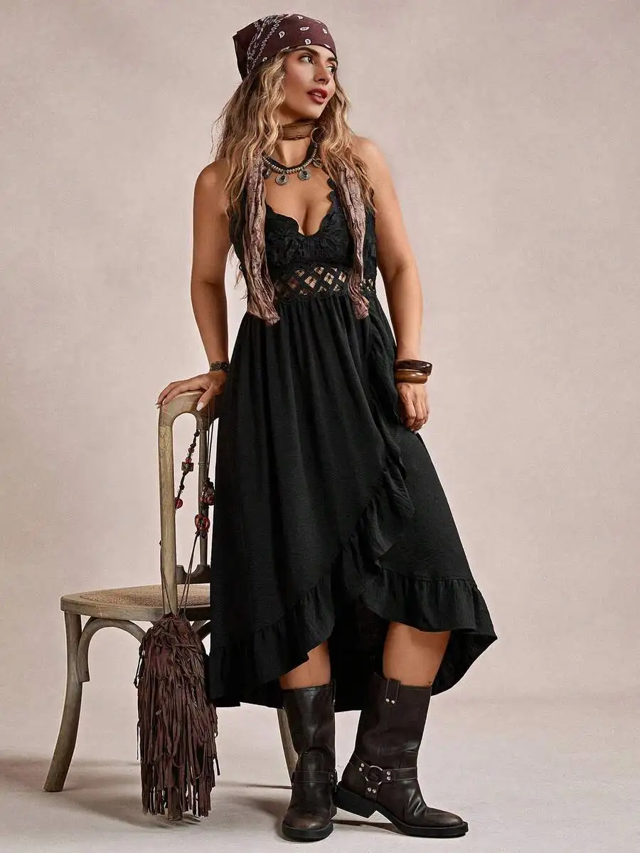 

Boho Black Sleeveless Ruffle Dress with Lace Trim and Asymmetrical Hem