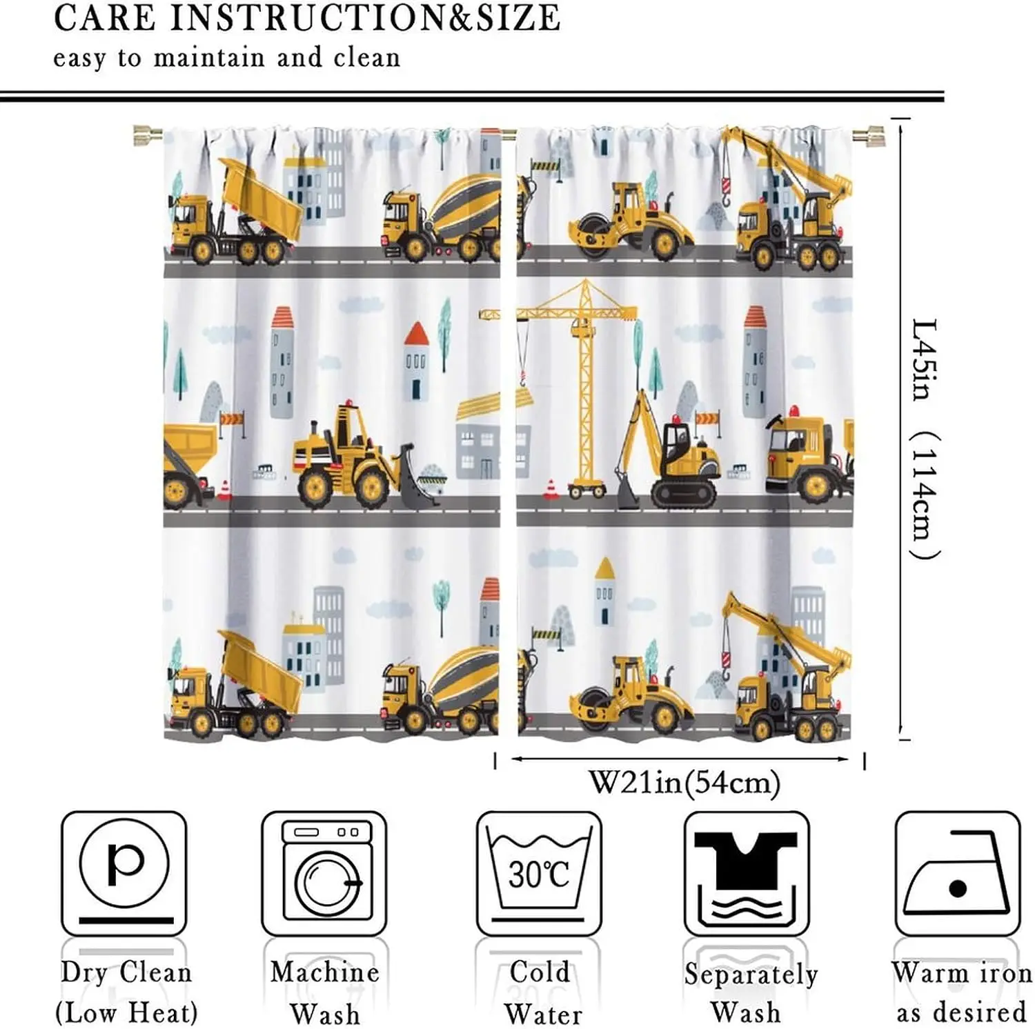 Cartoon Truck Curtain 2 Panels, Loader Mixer Crane Town Building Print, Curtains for Boy Nursery Construction Decor Curtain
