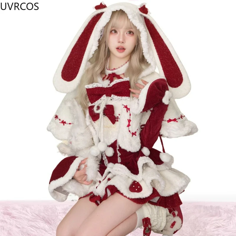 Winter Christmas Lolita 3 Piece Sets Women Kawaii Plush Bunny Ear Hooded Cloak Coat Bow Mini Dresses Korean Style Y2k Sweet Suit