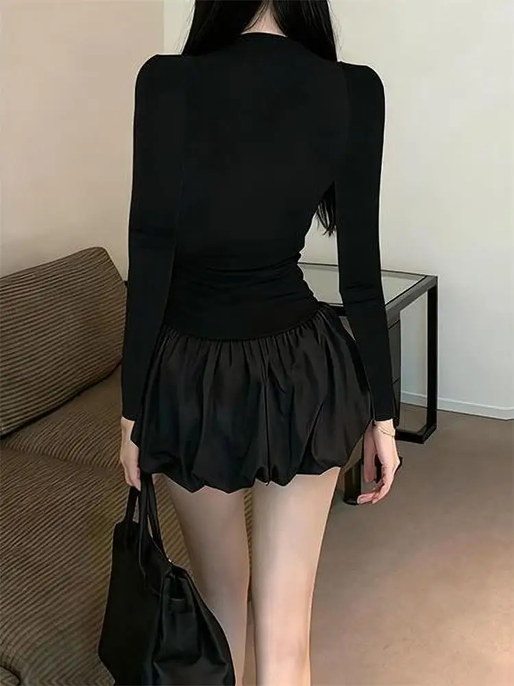 Women Slim Long-Sleeve Dress Half High Collar Puffy Dress Autumn and Winter Party Solid Color Dresses Black Fashion Elegant