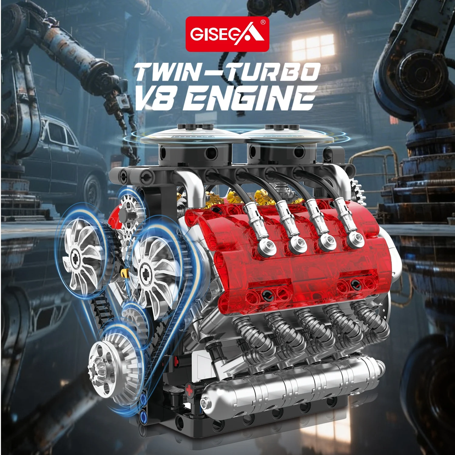 

548PCS 2026 New Product V8 Twin-Turbo Electric Engine Building Block Motor Drive Boy Assembly Model Bricks USB Charging Edition