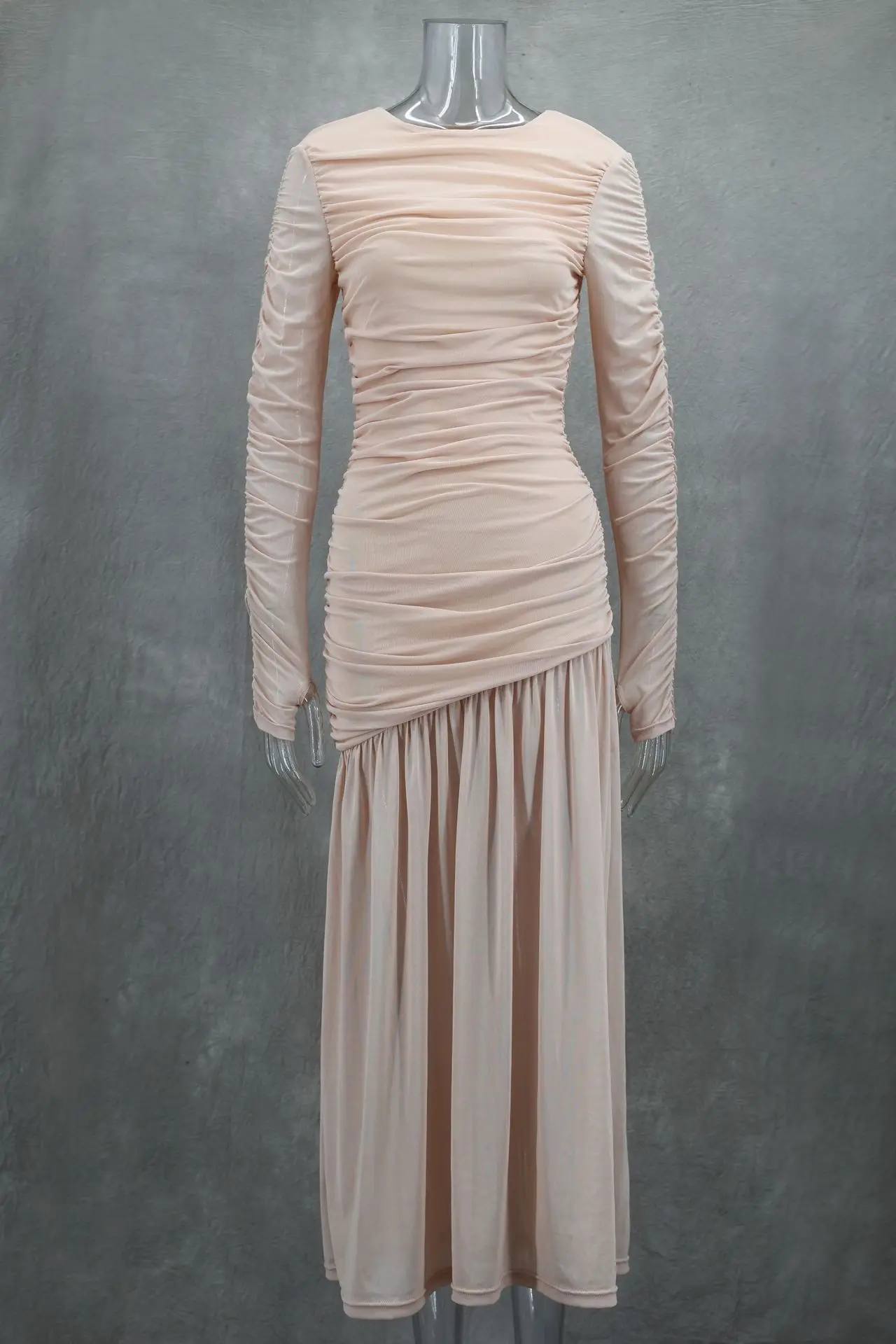 Dress Women Elegant Long Dresses Beautiful Evening Party Dress Sexy Round Neck Long Sleeves Slim Fit Slimming Pleated Pure Color
