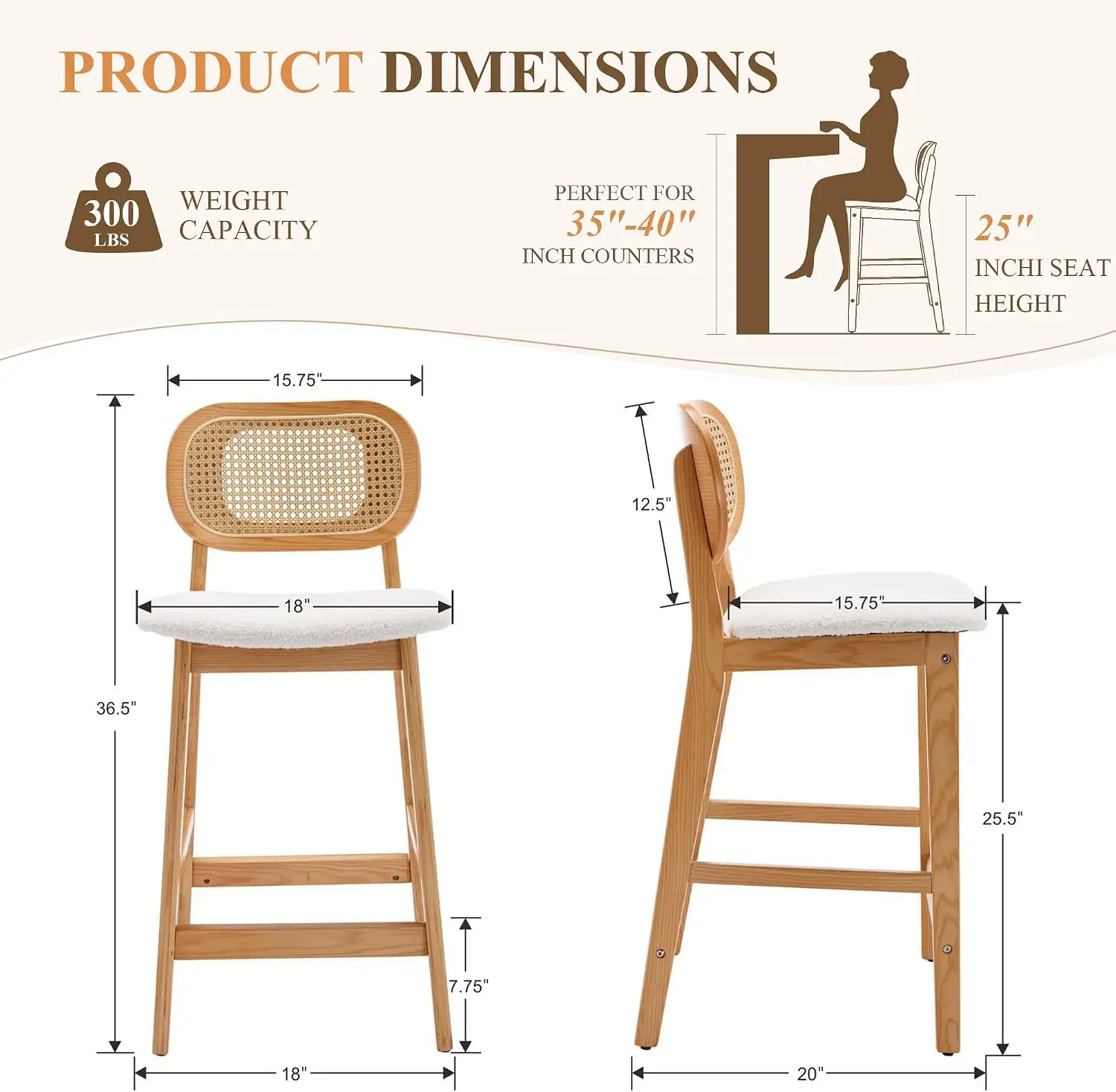 Rattan Counter Height Bar Stools Set of 2, Wood Farmhouse Barstools with Woven Back, Boho Sherpa Kitchen Island Chairs, Upholste