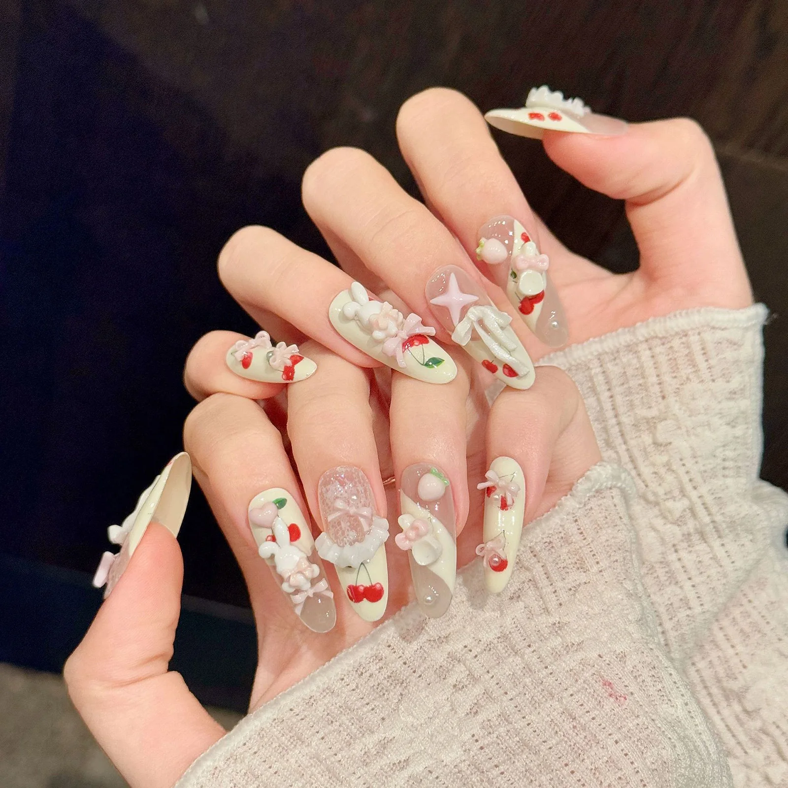 

Накладные ногти ручной работы, 10 шт., 3D-дизайн с мультяшными вишнями и кроликами, сладкие, в форме миндаля, длинные, в корейском стиле, многоразовые