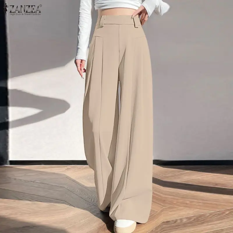 ZANZEA Women's Loose Wide Leg Pants Minimalist Casual Elastic Waist Inverted Pleats Solid Color Trousers Commuting Woman Palazzo