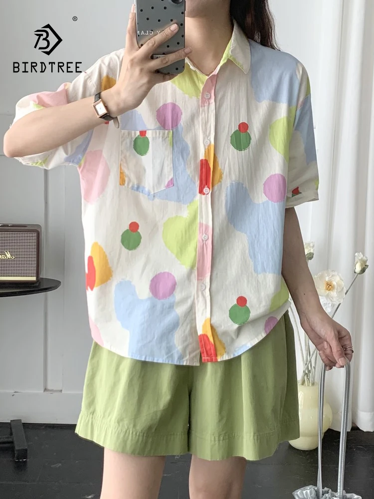 

New 2025 Summer Cotton Short Sleeve Shirt, Women Turn-down Collar Cartoon Print, Mori Girl Fashion Casual Loose Blouse T56326CC