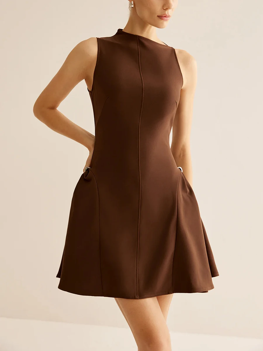 TWOTWINSTYLE Solid Slimming A Line Dress For Women Round Neck Sleeveless High Waist Minimalist Temperament Dresses Female New