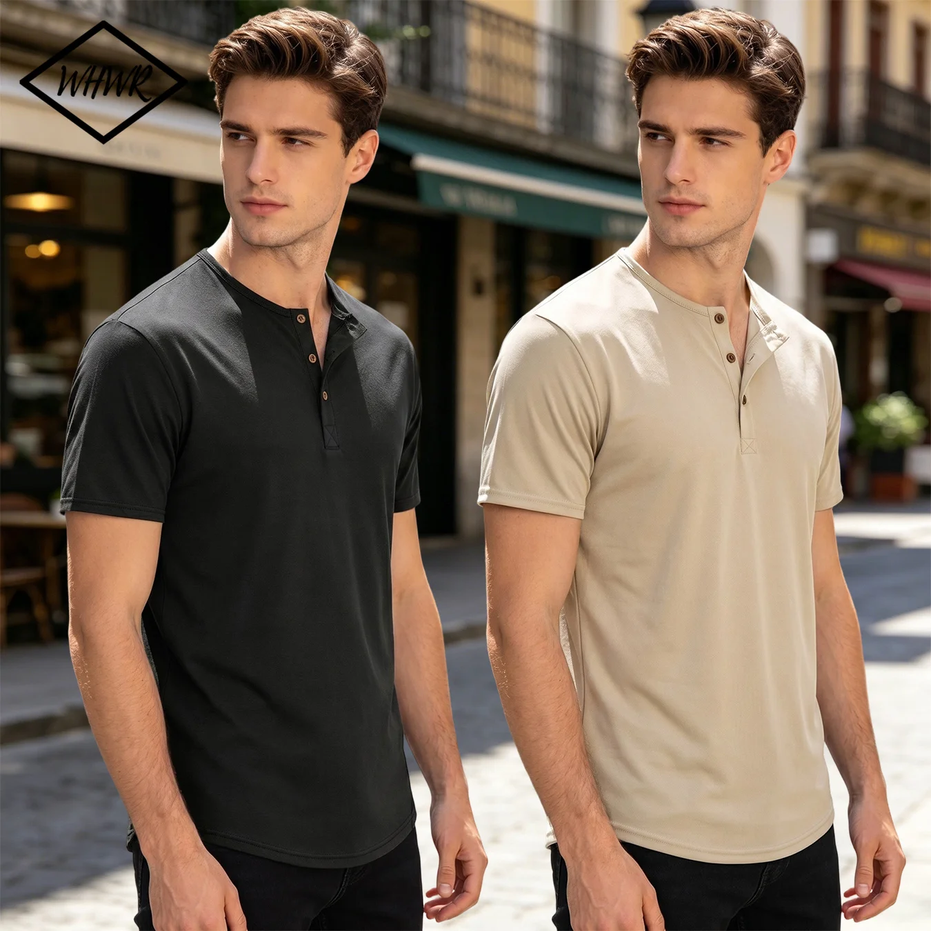 Men's Henley Shirt Solid Color 3 Buttons Placket Short Sleeve T-shirt Slim Fit Casual Basic Crew Neck Pullover Male Tops
