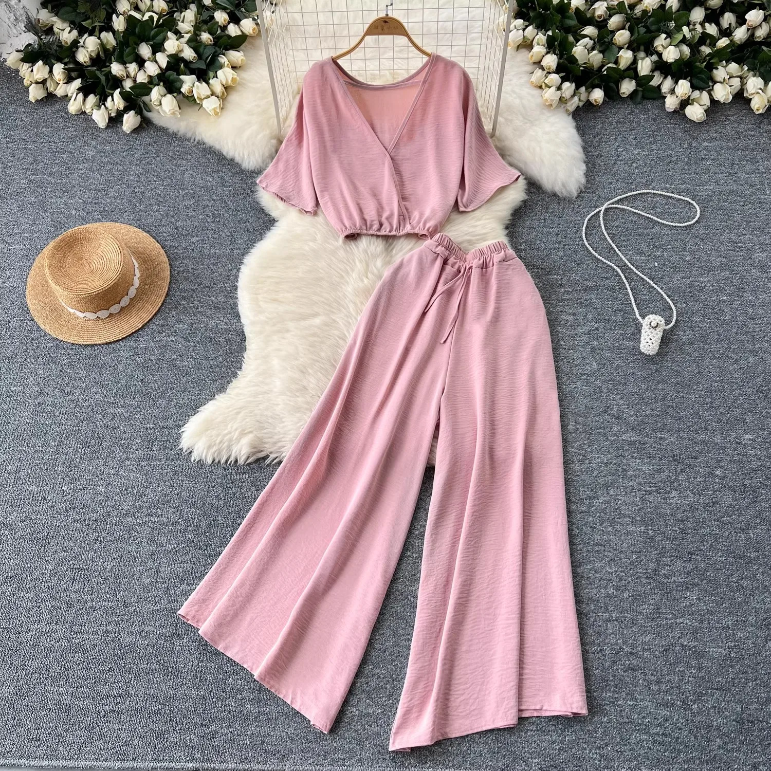 

Fashion Two-Piece Jacket And Slacks Light Style Niche French V-Neck Waist Chiffon Top + High Waist Sag Casual Pants Suit