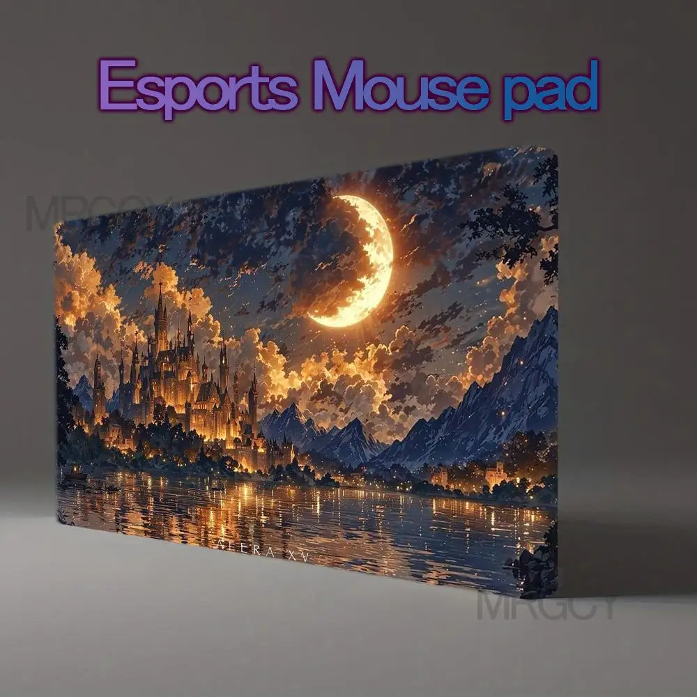 Fantasy Castle Crescent Moon Lake Reflection Large Gaming Mouse Pad Magical Night Landscape Desk Mat alfombrillas gaming