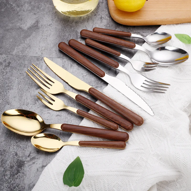 Dinnerware Set Imitat Wooden Handle Steel Dinnerware Knife Spoon Set Cutlery 30/20/10/5pcs Western Cutlery Flatware Sets