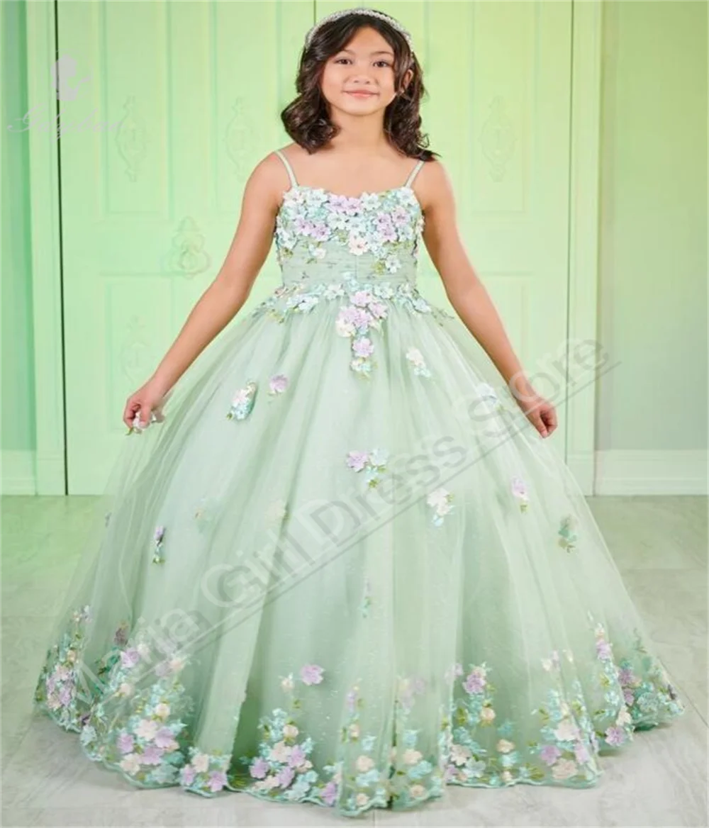 

Sage Green Flower Girl Dress Fluffy Spaghetti Straps Decal Decoration Children's Communion Dress Wedding Birthday Photography