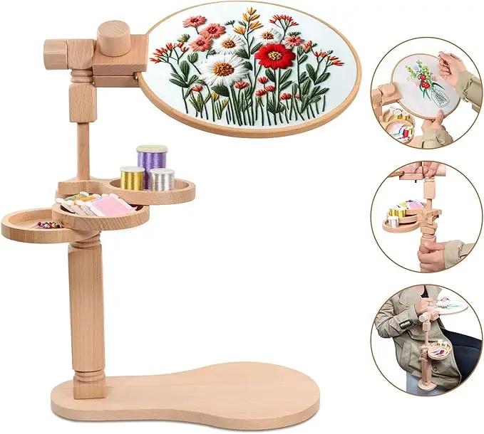 

Beech Embroidery Frame Hoop Stand with Storage Tray Adjustable Cross Stitch Hoop Desktop Stand DIY Sewing Arts Crafts Needlework