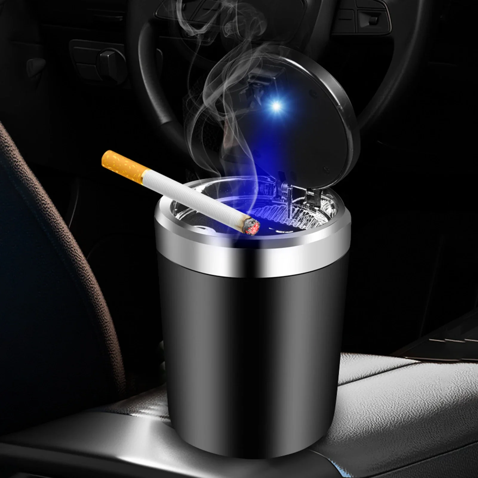Car Ashtray LED Stainless Steel Lid Cup Holder Smell Proof Universal Auto Accessory