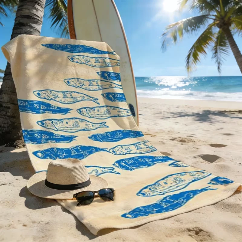 Toalla de Playa Vintage con Estampado de Sardinas Azules, Antiarena, de Secado Rápido, Estilo Costero, para Playa, Yoga, Viajes y Vacaciones