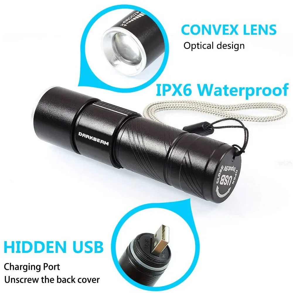 395nm Ultraviolet Flashlight LED Illumination Built-in Battery USB Rechargeable UV Flashlight Black Camping Aluminum Alloy