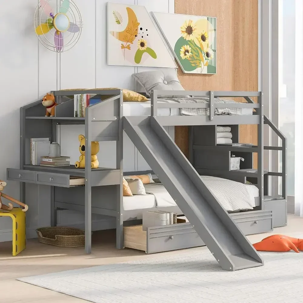 Twin Over Twin Staircase Bunk Bed with Slide, Desk, Storage Drawers and Shelves for Kids in Gray