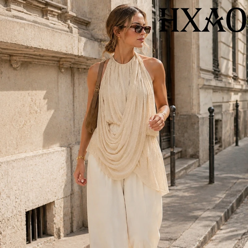 HXAO Asymmetrisches gerafftes Neckholder-Top für Damen, schulterfreies Polka-Dot-Top für Frauen, lockeres, rückenfreies Tanktop für den Sommerurlaub.