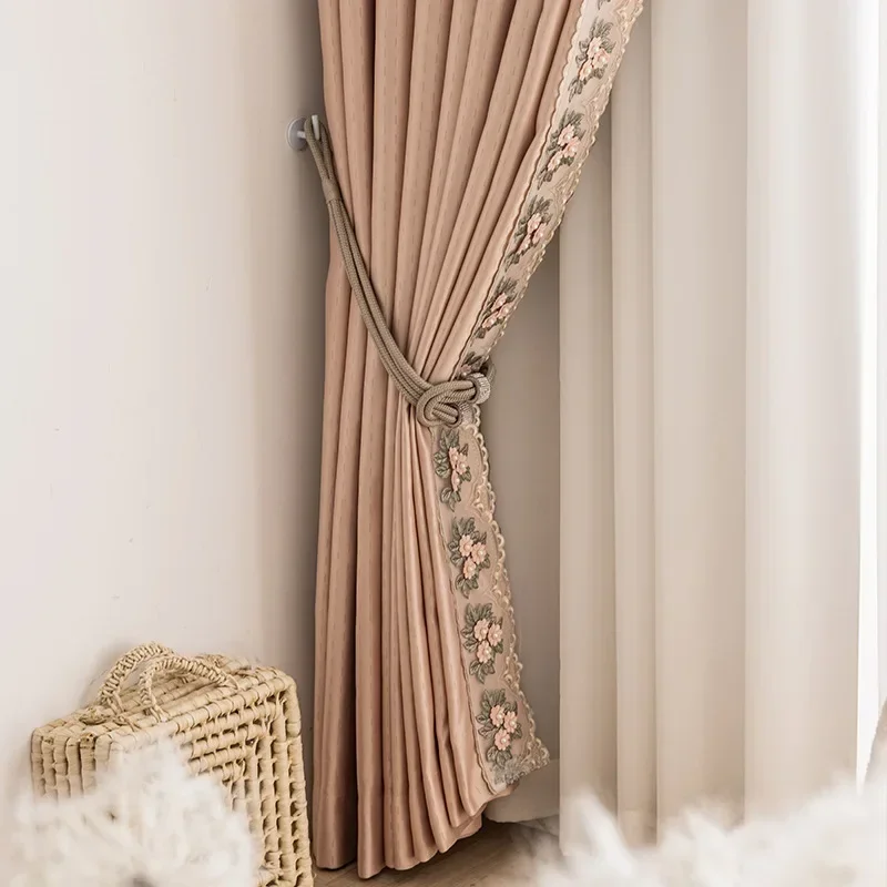 French  Pink Three Curtains for Bedroom Living Room Dimensional Embroidered Tulle Blackout  Elegant European Girls Dining Room