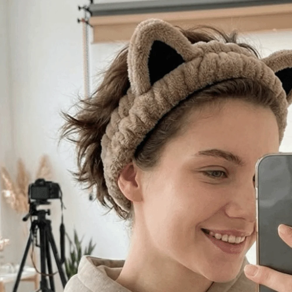 Cute Soft Furry Cat Ear Head Hoop Lightweight Polyester Cartoon Hairband 3D Elastic Plush Headband Shower