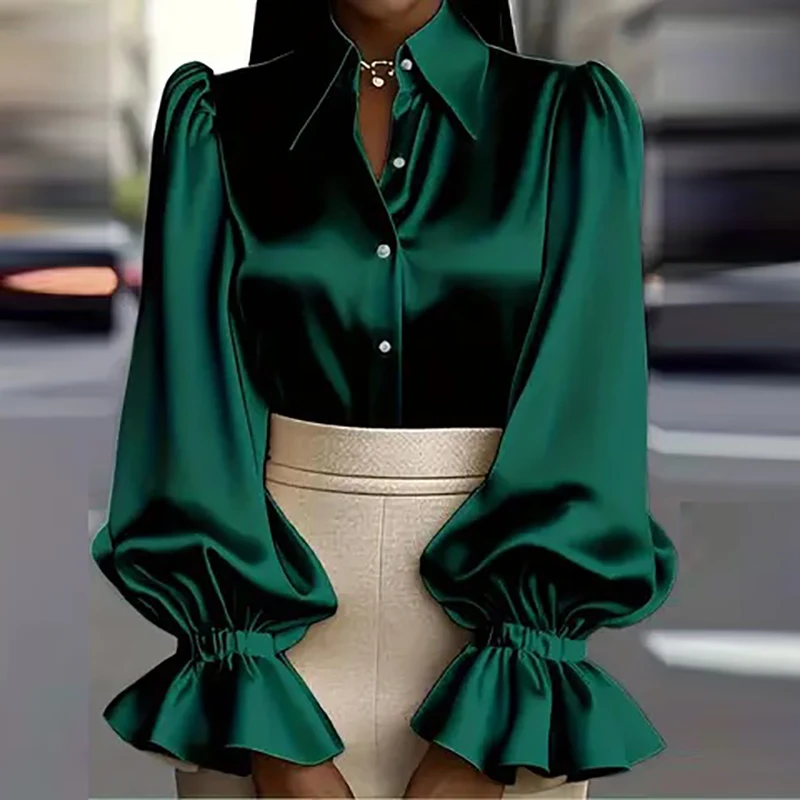 ربيع الخريف المرأة بلوزات طويلة الأكمام رفض طوق زر قميص المرأة موضة نفخة الأكمام مكتب سيدة القمم #4