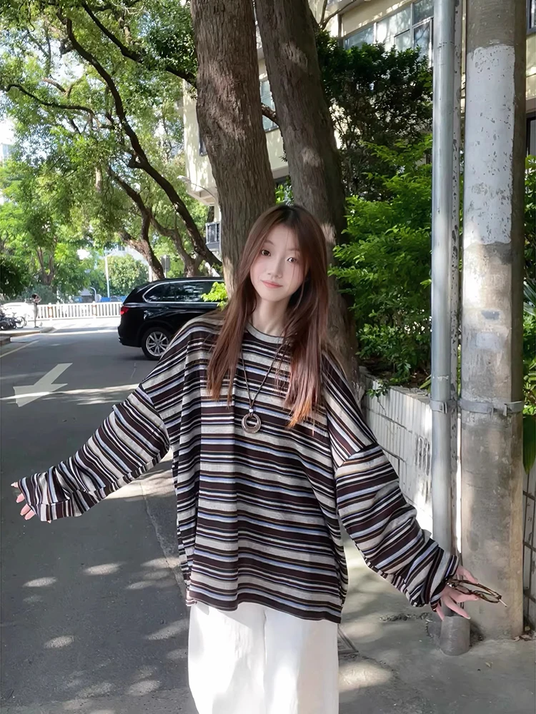 Retro Striped Knitted Long Sve T-irt Women's Early Spring Casual Loose Lazy Sle Loose Sensation Inner Wear Base irt Top
