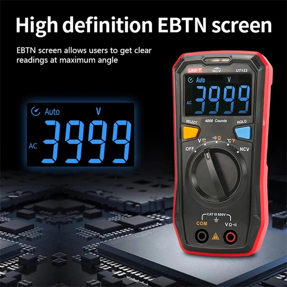 UNI-T digitales Mini-Multimeter ut123; Wechselstrom-Spannungs messer; Temperatur prüfgerät für Widerstand (Ohm); ncv/Kontinuität stest/ebtn-Farbbild schirm