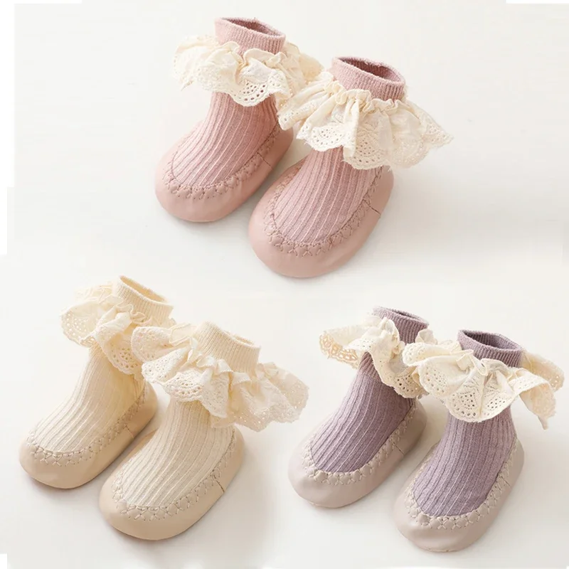 New Baby Ruffle Socks with Rubber Soles Infant Sock Newborn Autumn Children Floor Lace Flowers Shoes Anti Slip Soft Sole Sock