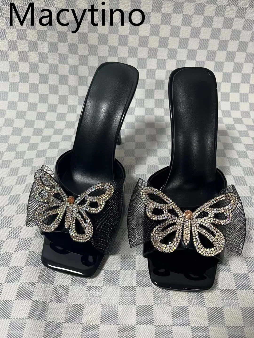 Women's Sandals Patent Leather 2024 Summer Bow Crystal Slippers Party Wedding Shoes Square Toe Stiletto Heel