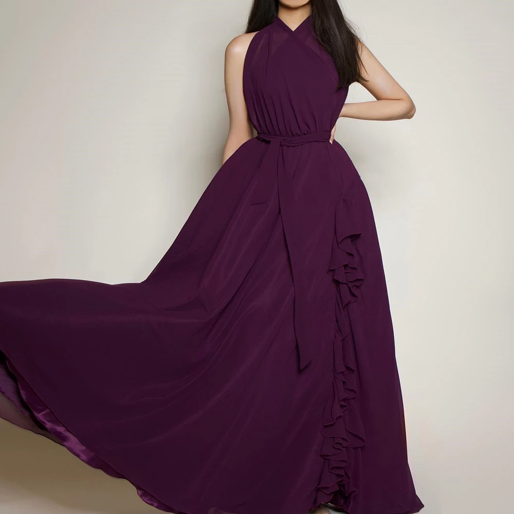 Customized Graceful Halter Belt Ruffles Evening Dress Classic Chiffon Sleeveless Photo Color Pleats Sweep Train Robe de soirée