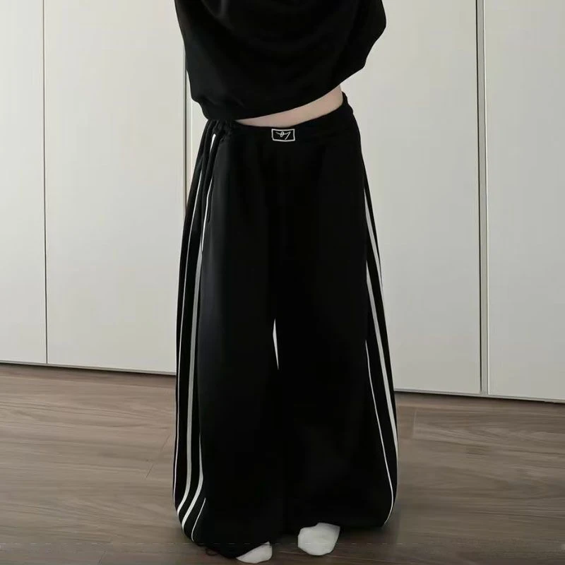 الأمريكية شريط Sweatpants النساء الشتاء سميكة عالية الخصر الشارع الشهير فضفاض Mujer سراويل للجري Y2K الهيب هوب الشرير مستقيم بنطلون