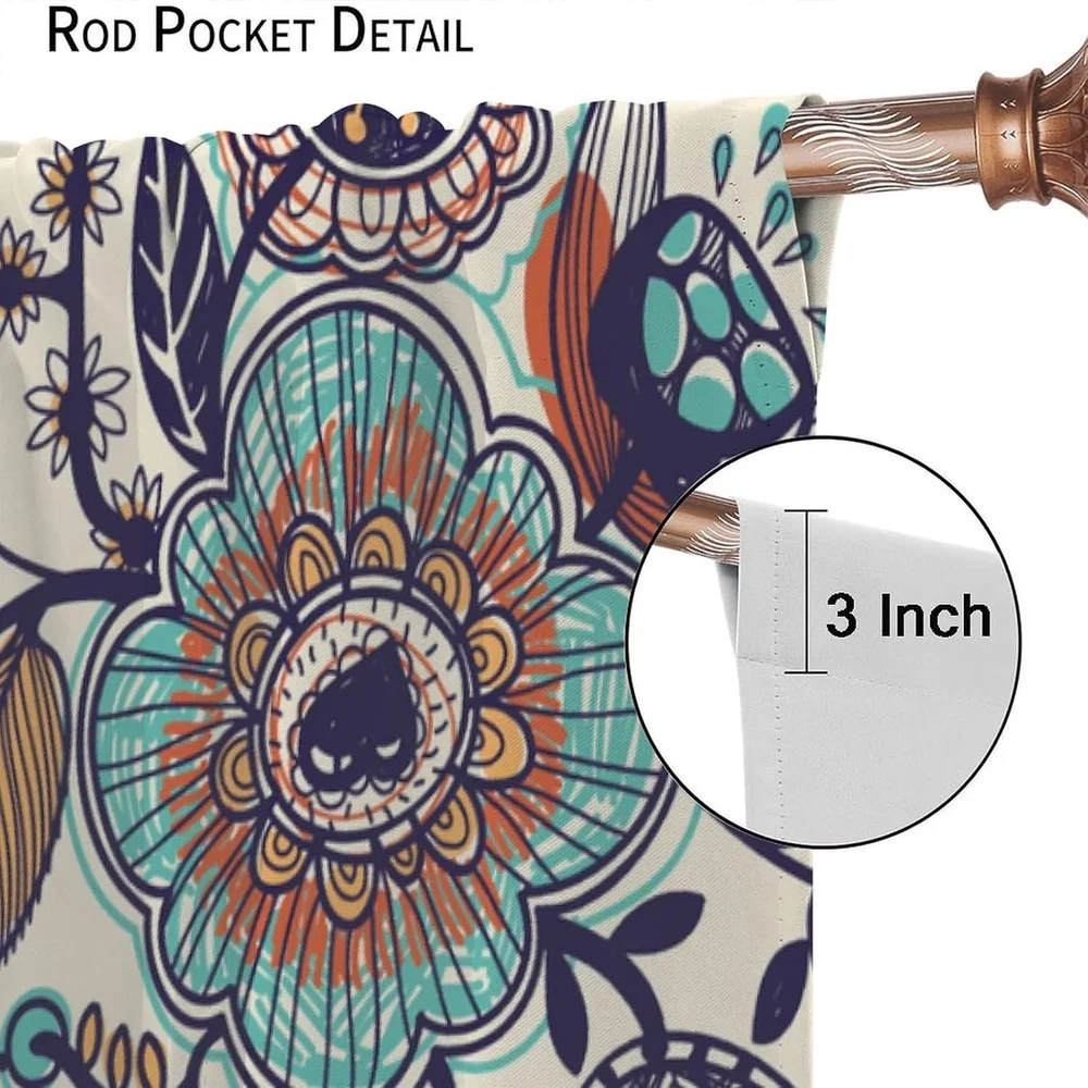 2 Panels Boho Floral Curtains - Blue Yellow Orange Beige White Retro Floral Print Semi-Sheer Light Filtering Window Drapes, 100%