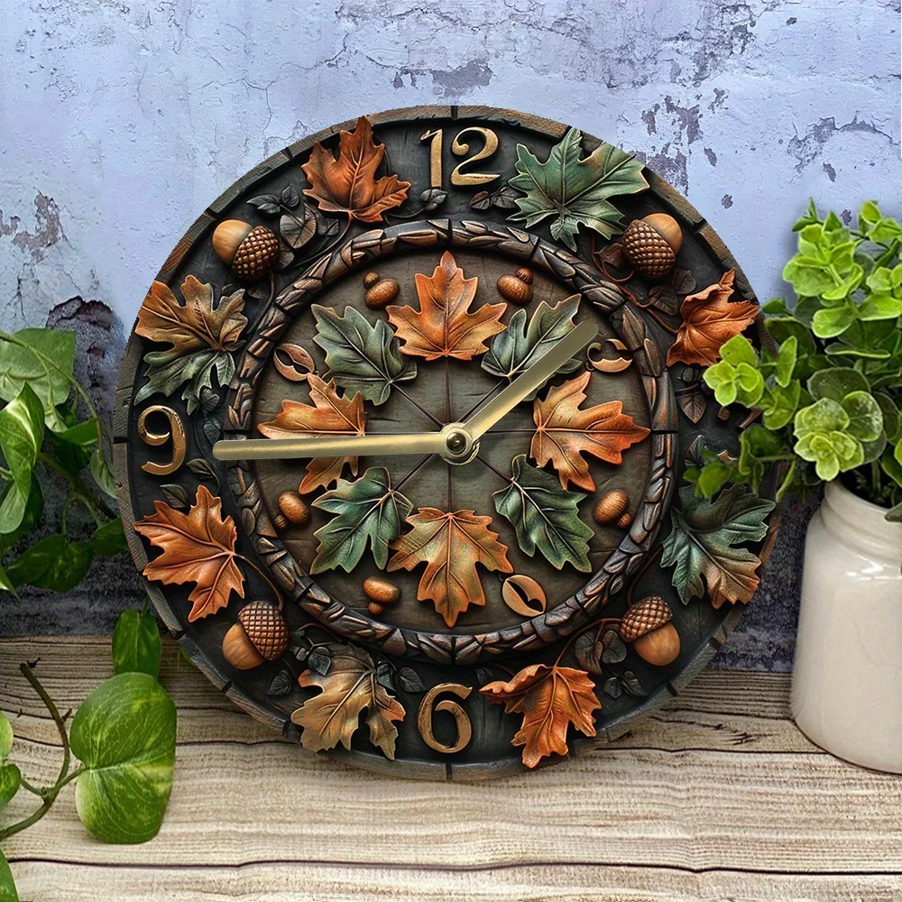 Elegant Silent Wall Clock with Acorn & Oak Leaves - Aluminum, Ideal for Living Room Decor Wall Clock Modern Design