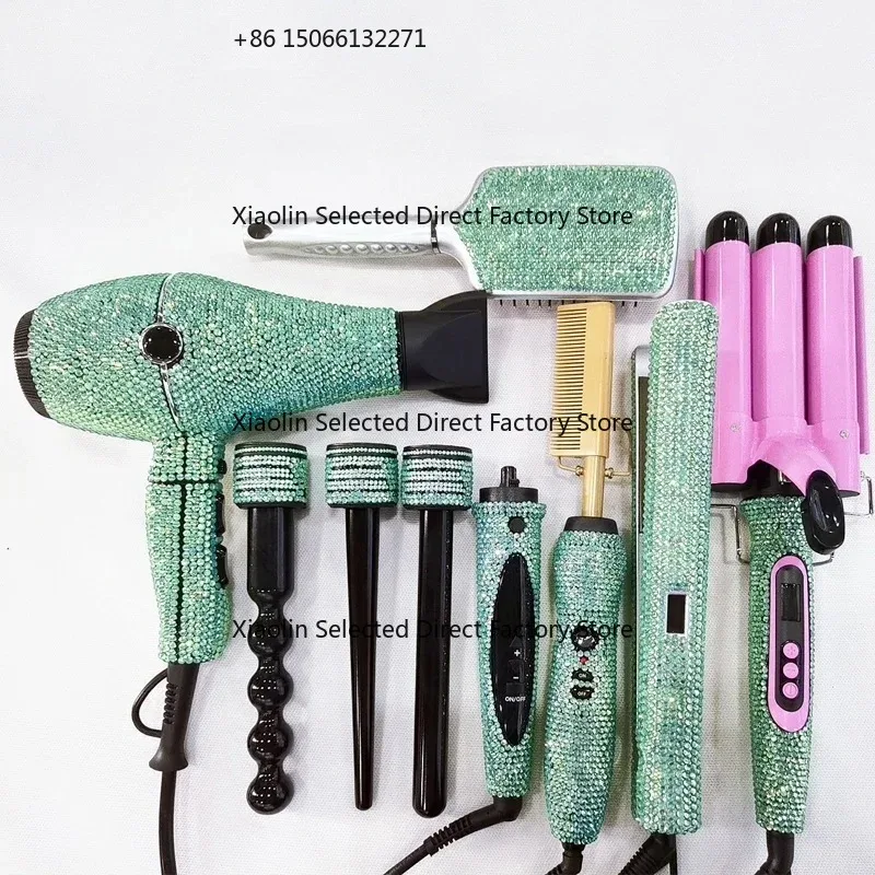 Hot Sale Salon Equipment Tools Set Bling Rhinestone Flat Iron Personalized Hair Dryer and Interchangeable Curling Set