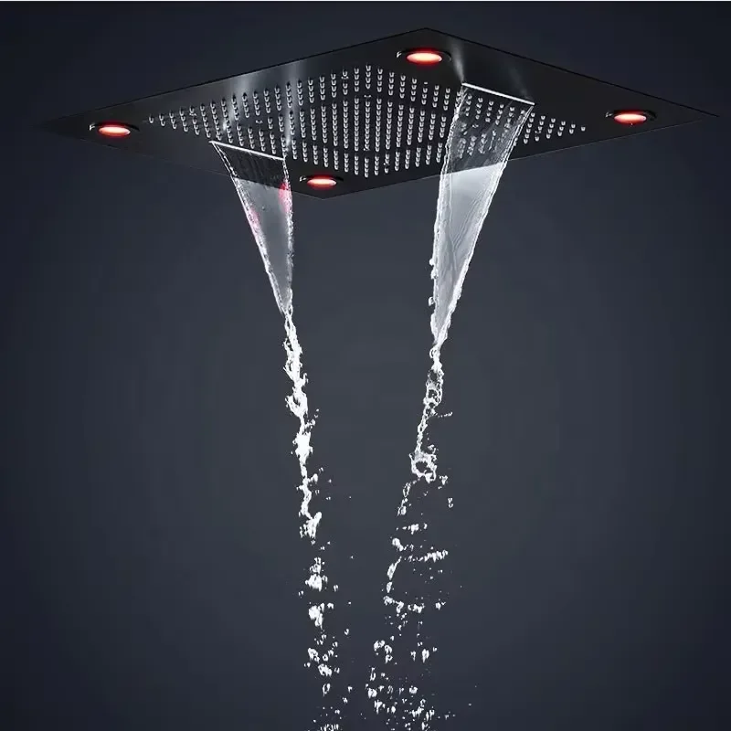 6 Functions High Pressure Bathroom Black Shower Faucets 600*600MM Waterfall LED Shower Panel Thermostatic Mixer Shower Head view 3
