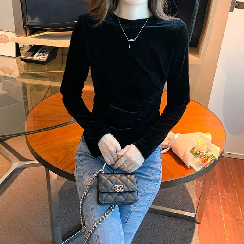 Autumn Winter Korean Slim Solid Color Irregular Tops Women\'s Clothing Fashion Round Neck Commute Simplicity Long Sleeve T-shirt