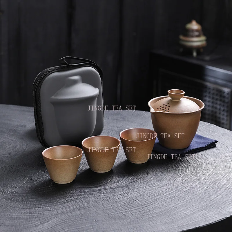 

Rough pottery portable travel tea set camping outdoor travel tea cup one pot three cups tea set
