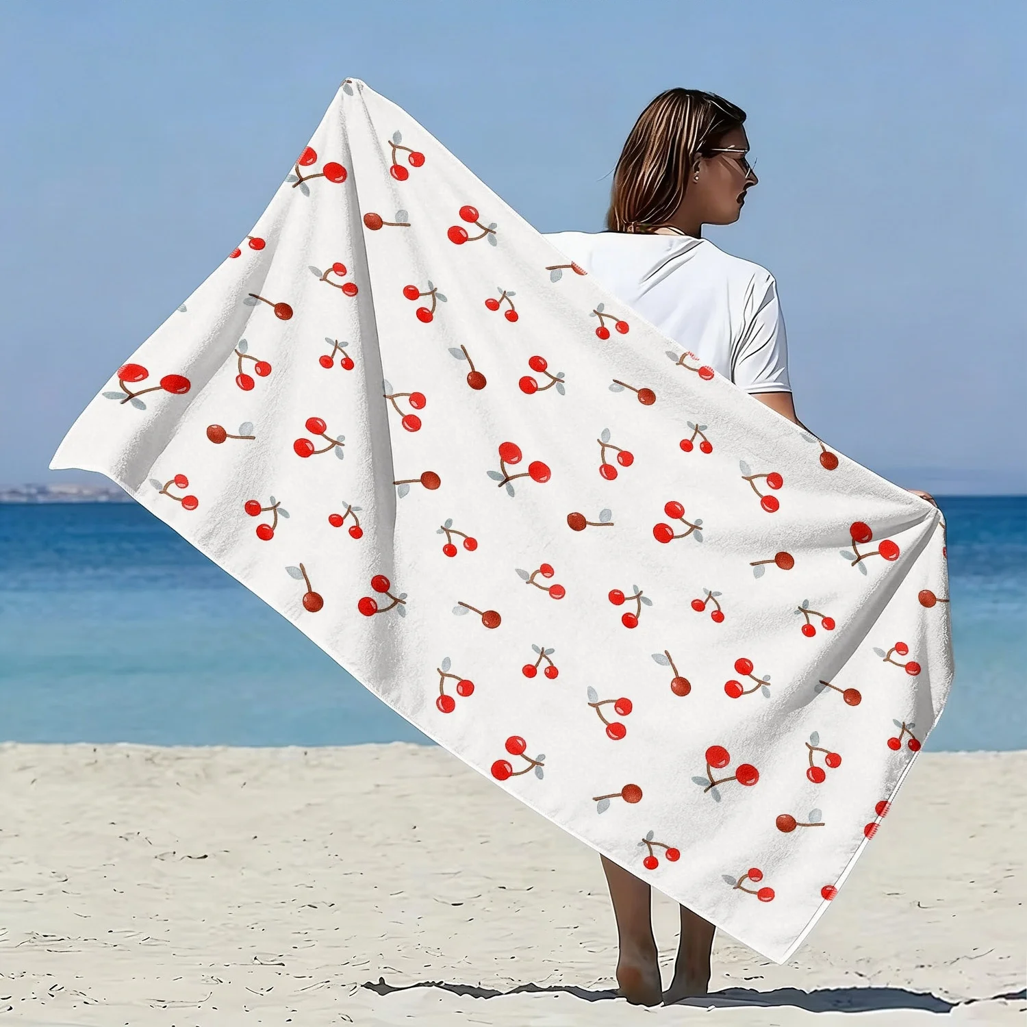 Customize 1pc Sweet Cherry Style Soft Towel for Beach, Cherry Print Pattern, Microfiber Bath Towel, Quick-Drying And Super Absor