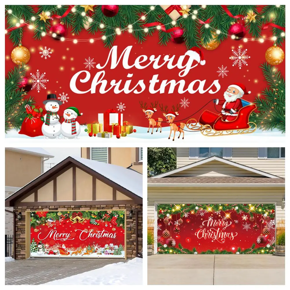 

Red Merry Christmas Garage Door Banners Decoration Backdrop Santa Bells Indoor Outdoor Xmas Party Garage Wall Hanging Background