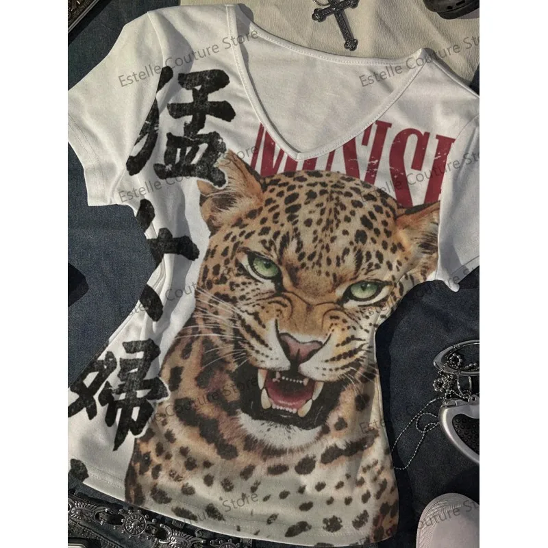 American spice leopard print sleeveless T-shirt female personality fierce female Chinese character slim slimming top.