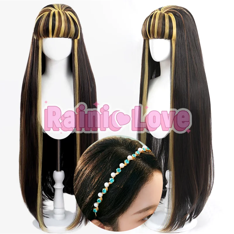 Anime Cleo de Nile Cosplay Wig Long Black Hair with Gold Brown Highlights Fringed Bangs Egyptian Princess Women Adult Halloween