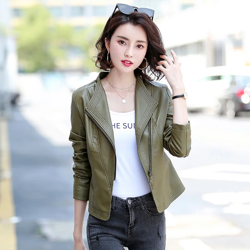 New Women Leather Jacket Outerwear Spring Autumn Fashion Zipper Moto Biker Style Slim Coat Short Sheepskin Tops Outerwear Female