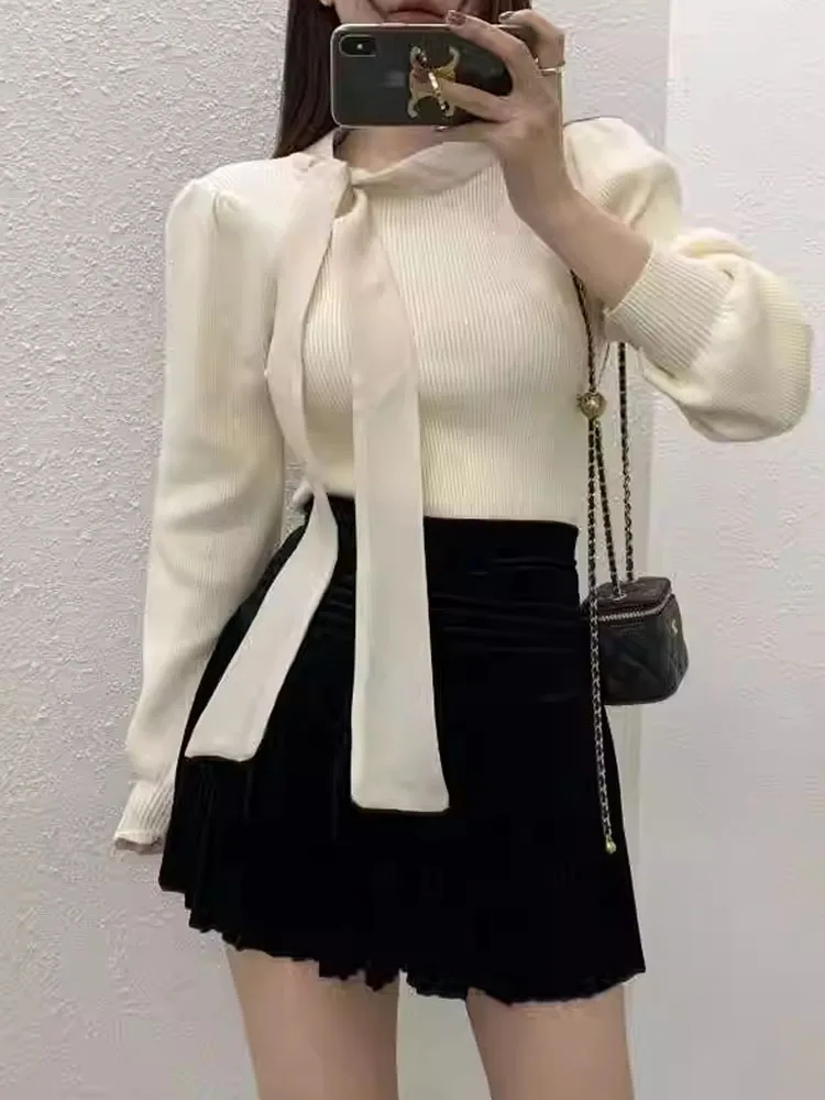 

Knot Silk Ribbon Knitted Sweater Women's Autumn Winter Inner Wear Base Layer Sweet Youthful Korean Sle Long Sve